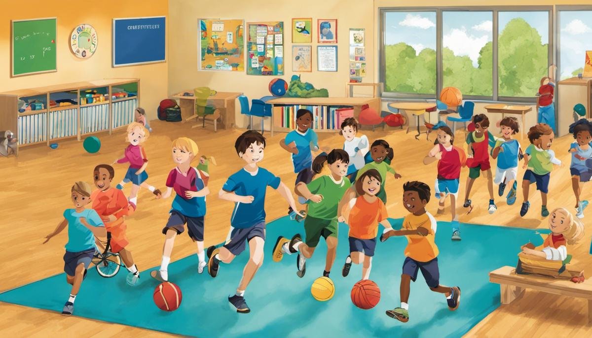 Image describing the role of schools and communities in fostering physical activity for autistic children, showing diverse children engaged in cooperative physical activities