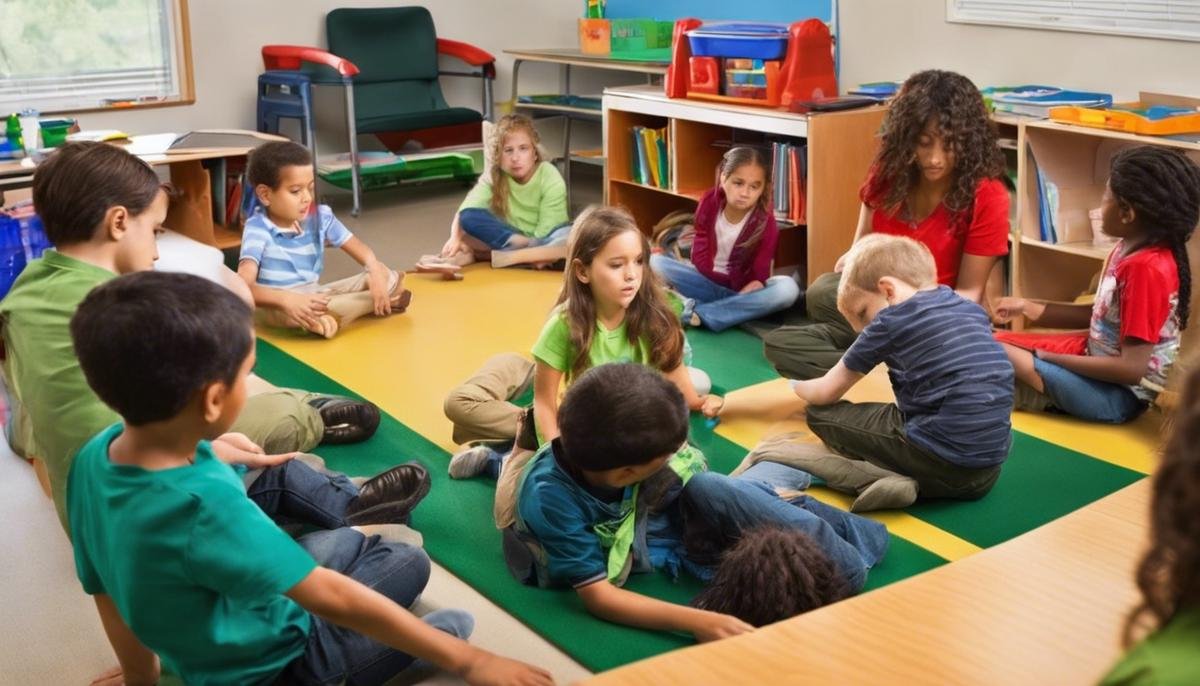 An image of autistic children in a classroom participating in an emergency drill, with a teacher guiding them.