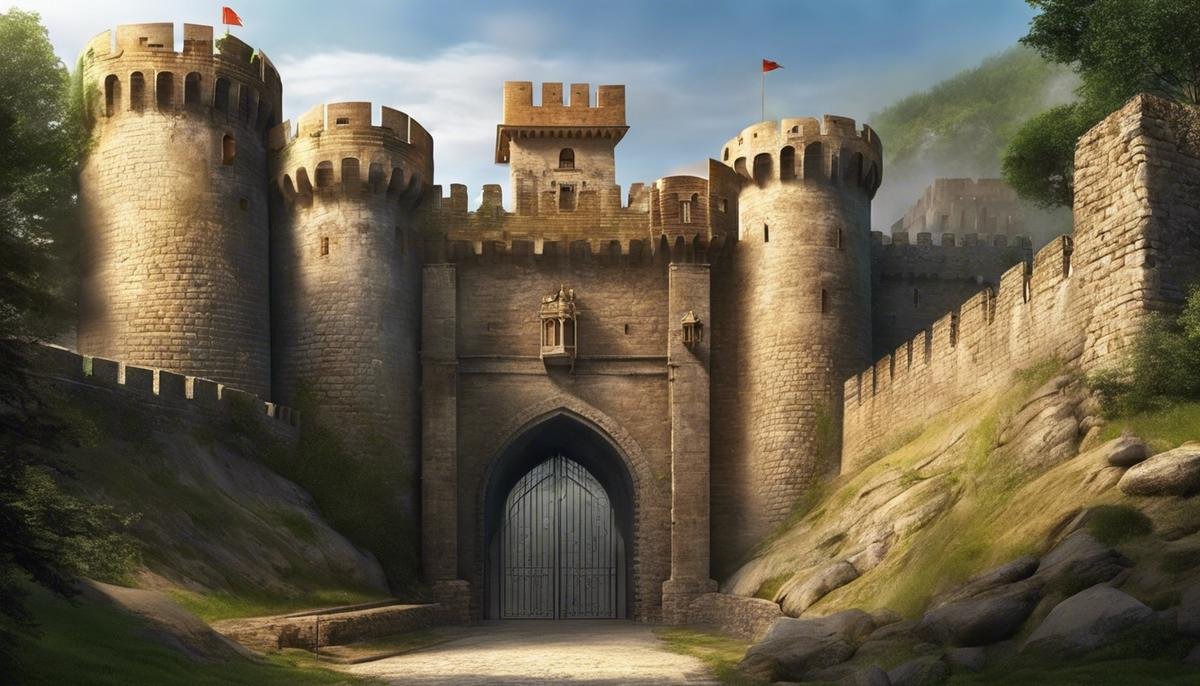 A fortress with high walls, towers, and a gate, symbolizing security and protection