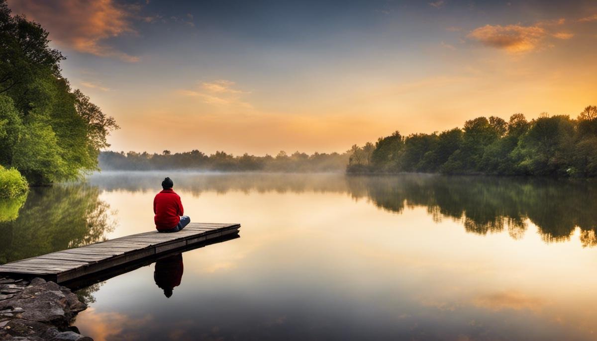 A serene image of a person sitting alone by a lake, surrounded by nature, reflecting a peaceful and contemplative state of mind.