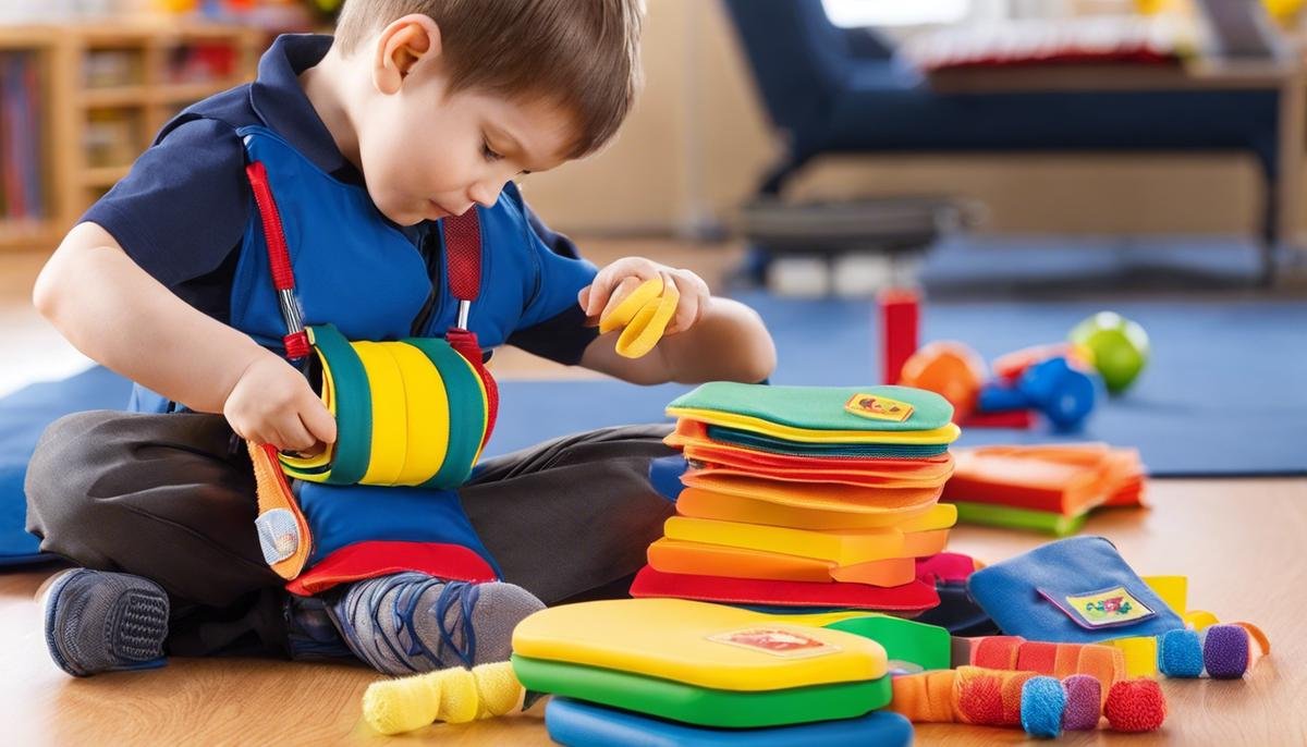 A variety of sensory aids for individuals with autism, including weighted vests, noise-cancelling headphones, and tactile prompt cards.