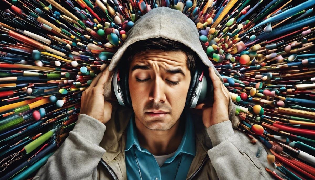 An image illustrating sensory overload, depicting a person covering their ears and looking overwhelmed by various sensory inputs.
