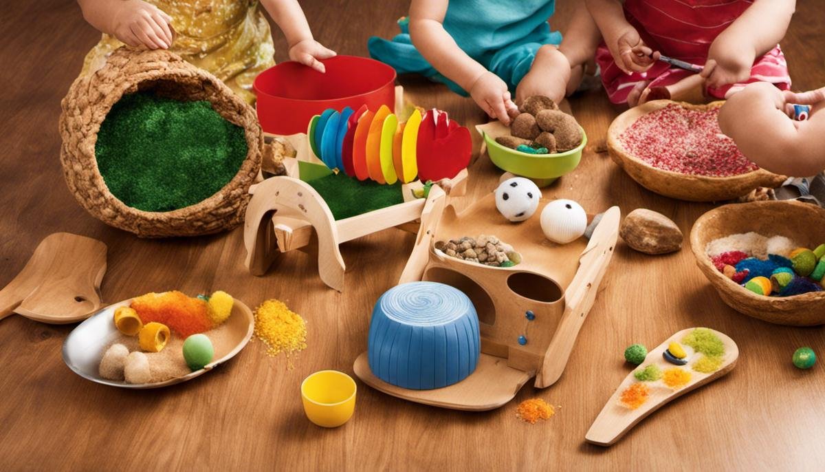 A diverse group of children engaging in sensory play activities, exploring various items, textures, and sounds.