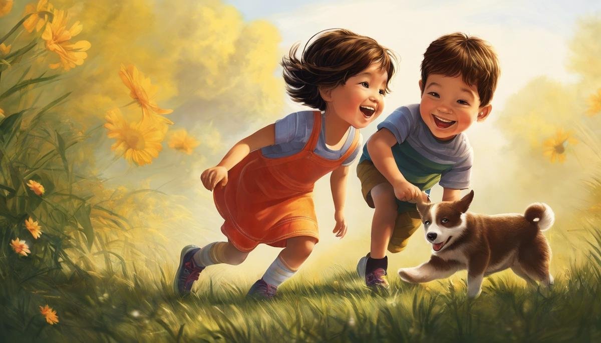 Illustration of two siblings playing together with smiles on their faces