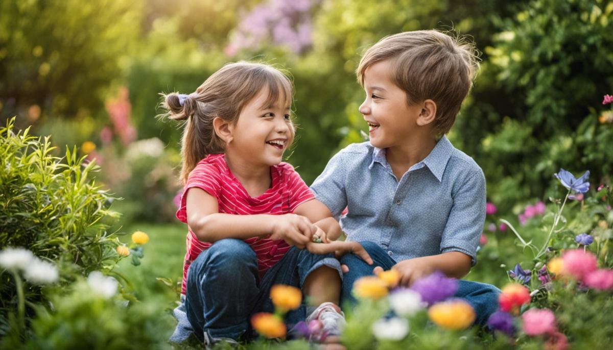 Image of siblings playing together in a garden, embracing each other's differences