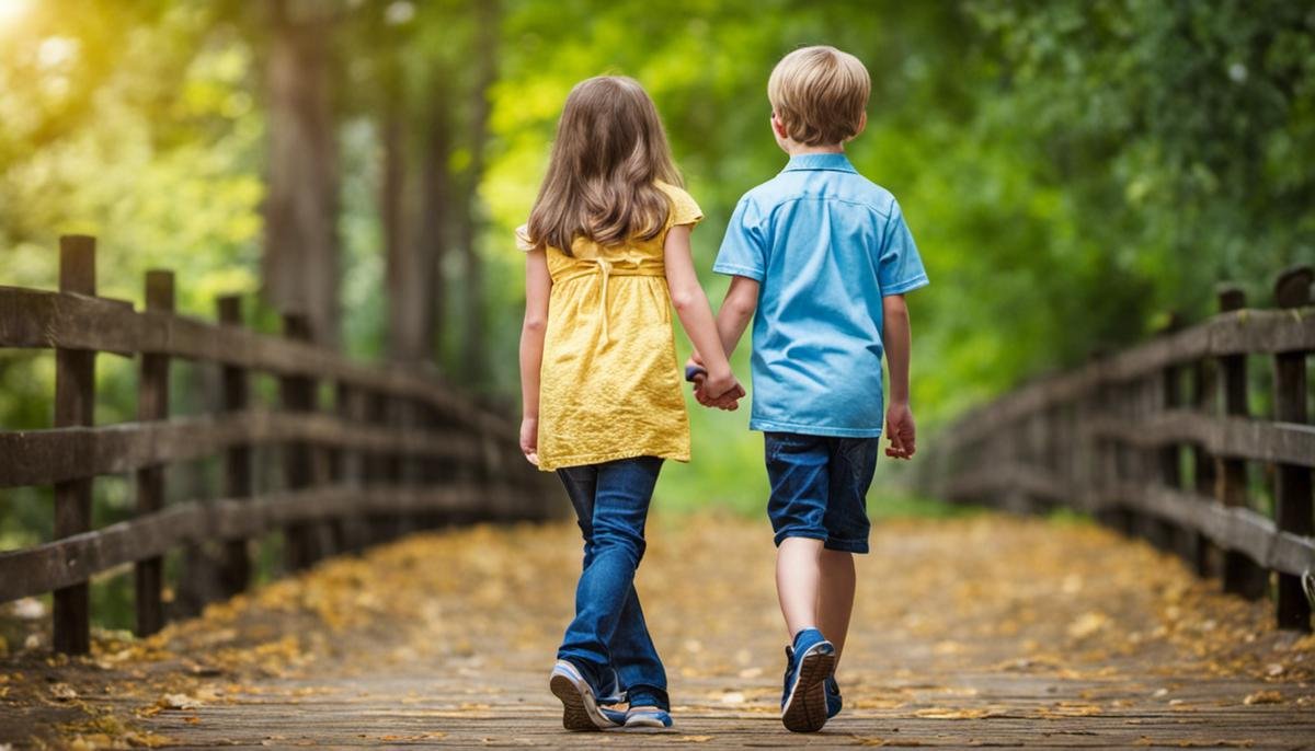 Siblings with Autism - An image depicting two siblings, one with autism, holding hands and walking together.
