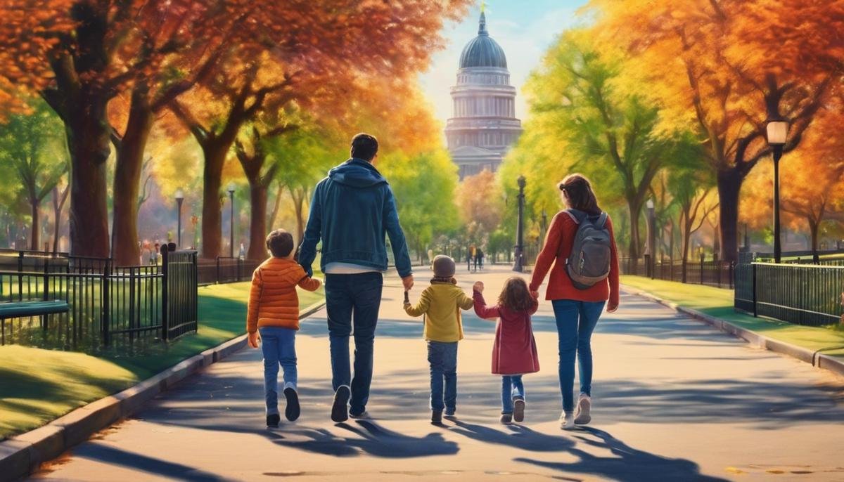 Image of a family walking in a park, depicting a family with autism navigating public spaces