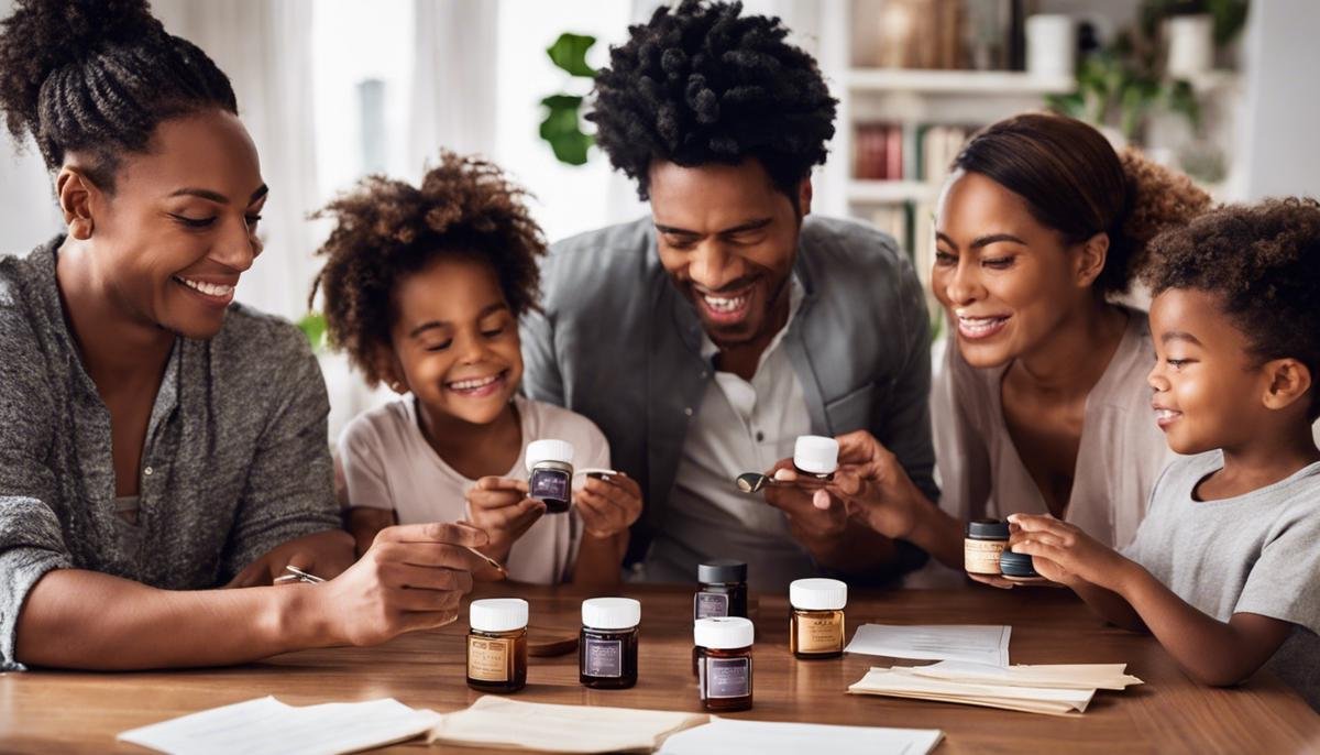 Image description: A family sitting around a table with small jars of scents, blindfolds, and papers for their smell training game night.