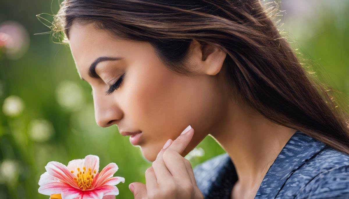 Image description: A person smelling a flower as part of smell training therapy.