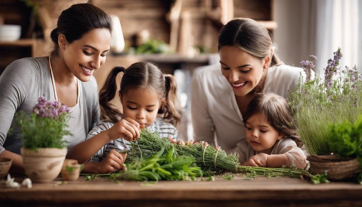 Image of a family enjoying smell training activities, such as smelling flowers and herbs together
