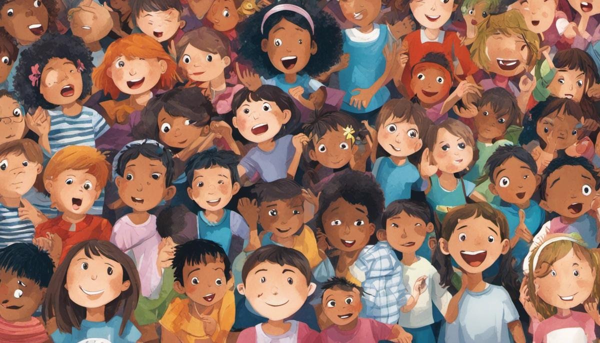 Image depicting children with Sensory Processing Disorder, showing different sensory symptoms such as covering their ears, touching unusual textures, and appearing overwhelmed in a crowded environment.