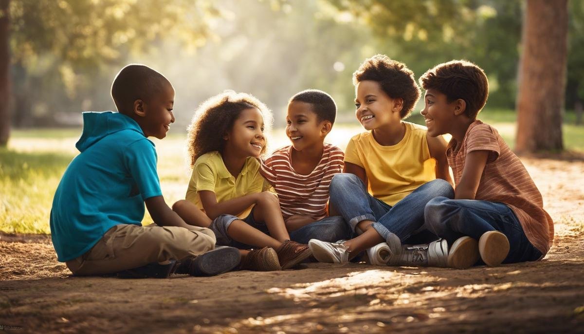 Image description: A group of diverse children sitting together in a circle, engaging in a friendly conversation.