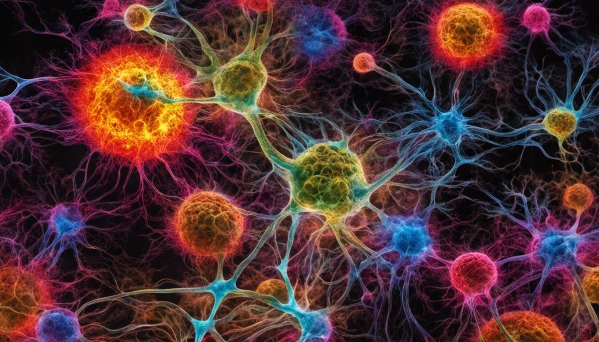 A microscopic image showing the interplay between stem cells and neurological disorders like Autism Spectrum Disorder (ASD).