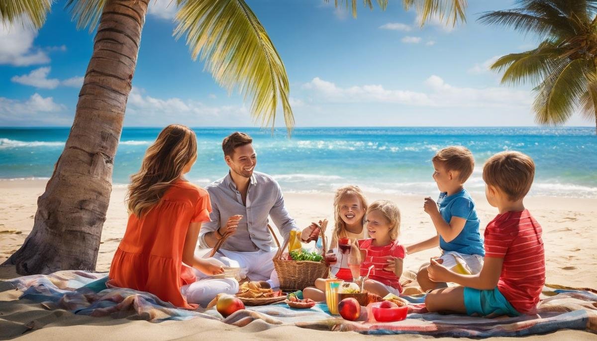 A photo of happy families with children on a beach picnicking together