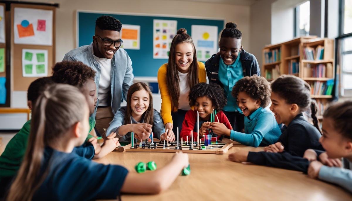 Image of diverse group of students with disabilities and their classmates playing and interacting together, symbolizing a supportive school network