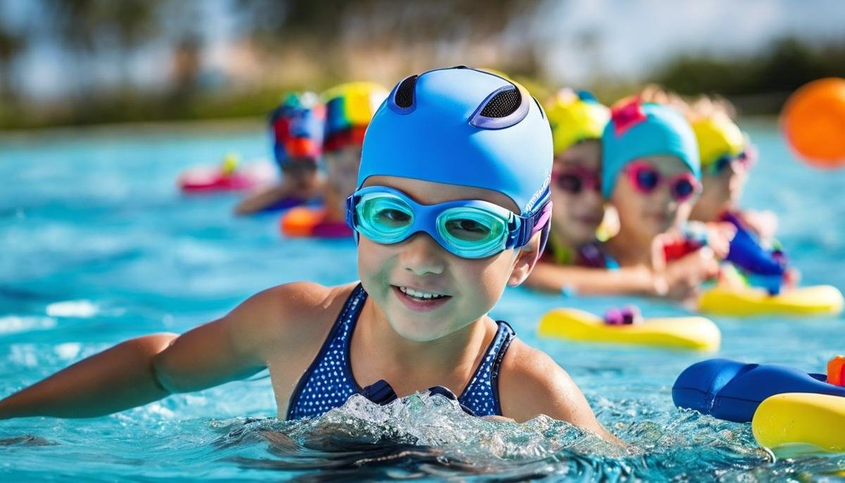 Image of swim gear for children with autism, showcasing various sensory-friendly designs, neoprene swimsuits, swim caps, water weights, and water toys.