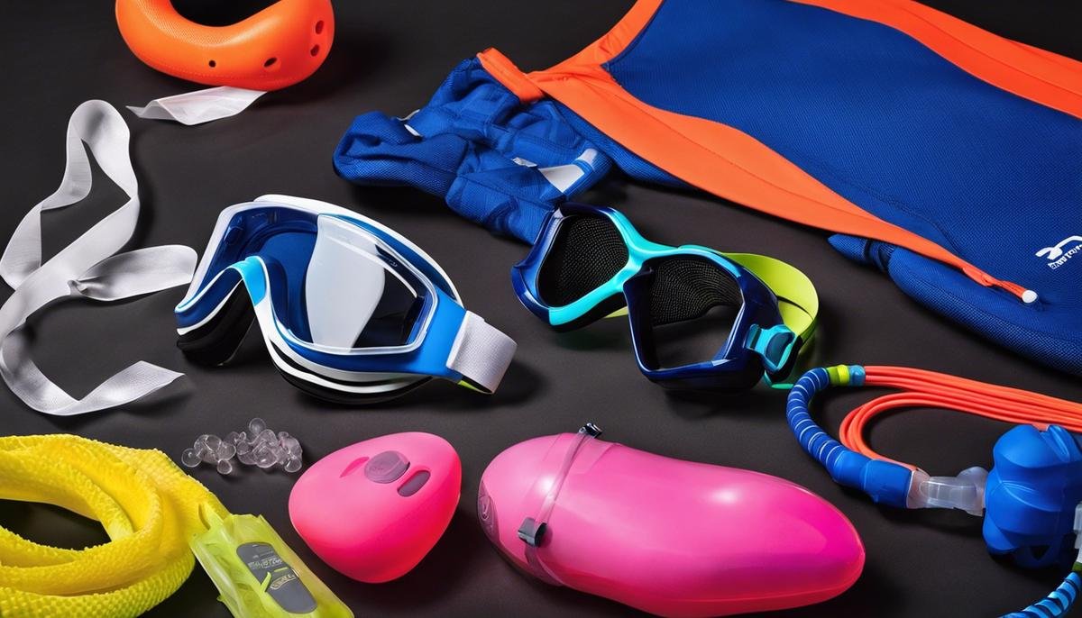 Image depicting a variety of swim gear, including swimwear, goggles, floatation vest, and earplugs. This image represents the different types of swim gear discussed in the article.