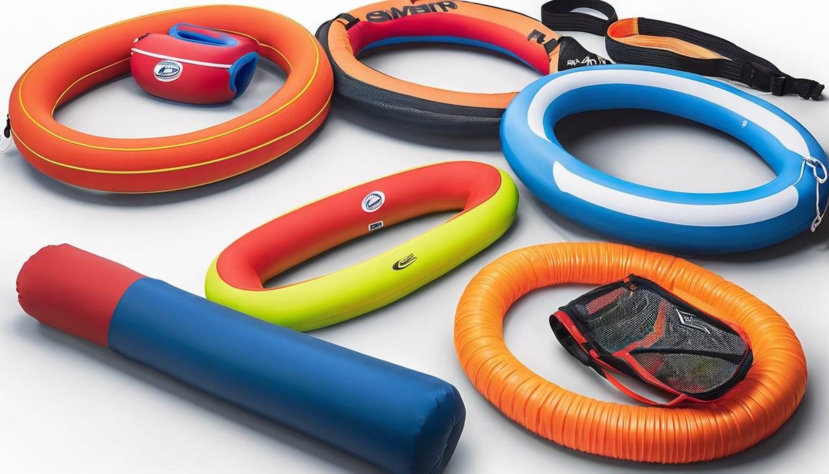 Image of various swimming aids such as swim jackets, back floats, float suits, swim belts, and pool noodles.