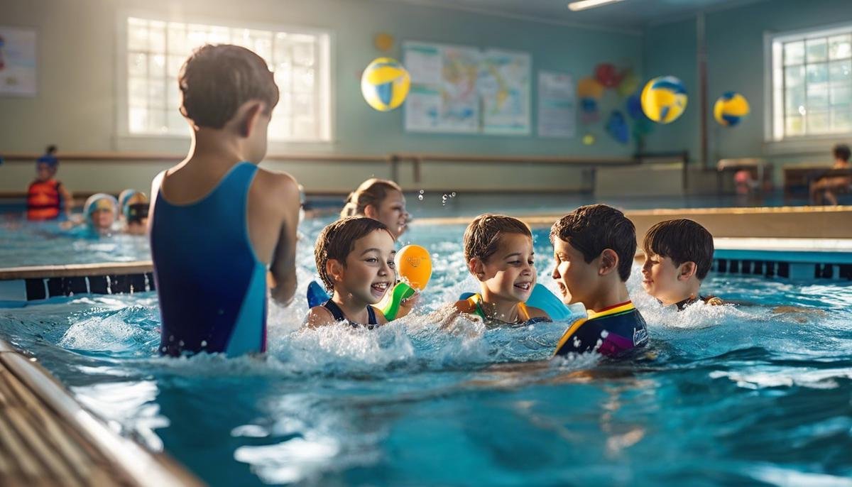 Image showcasing a group of autistic children participating in swimming lessons, having fun, and learning.