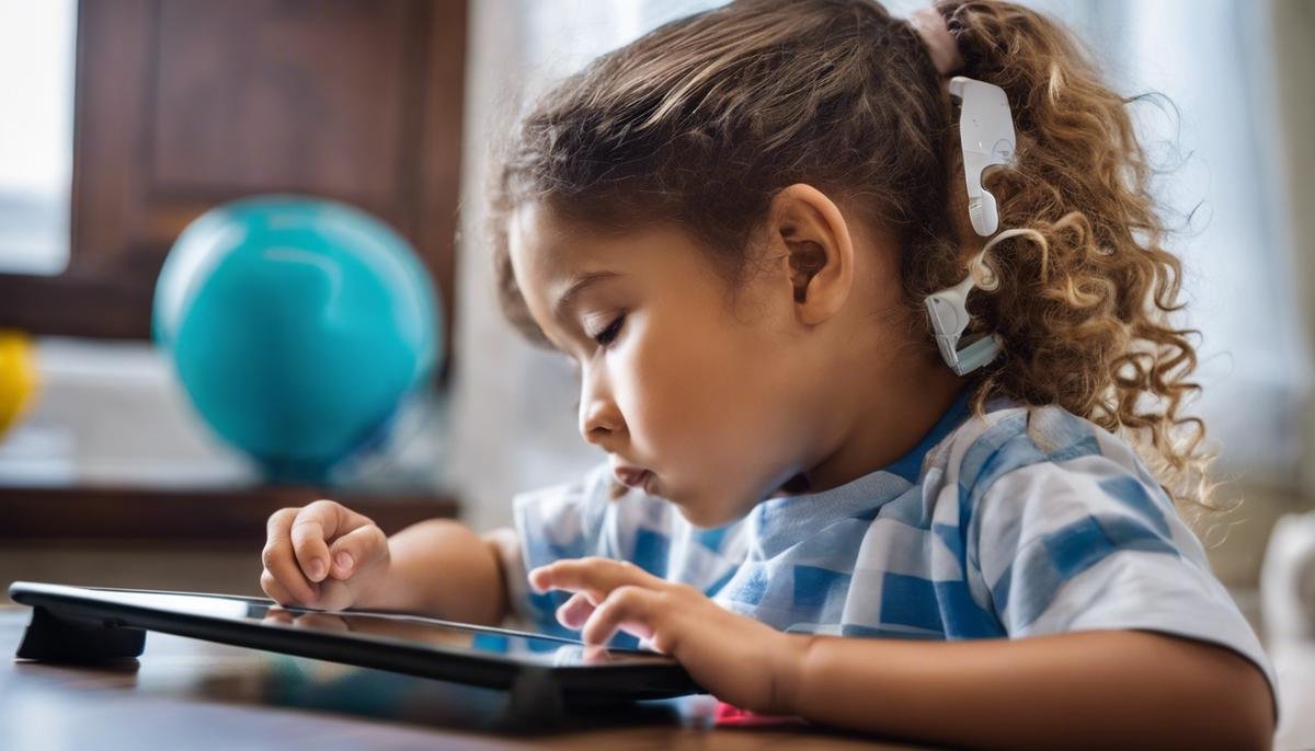 Image of a child using a tablet and a medication reminder app, showing the importance of incorporating tech tools in medication management for children with autism.