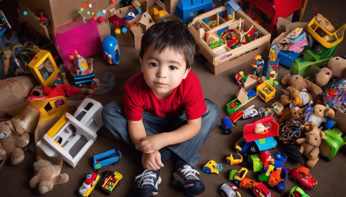 Image of a child with autism surrounded by various toys, representing the topic of toy hoarding and its effects on family life
