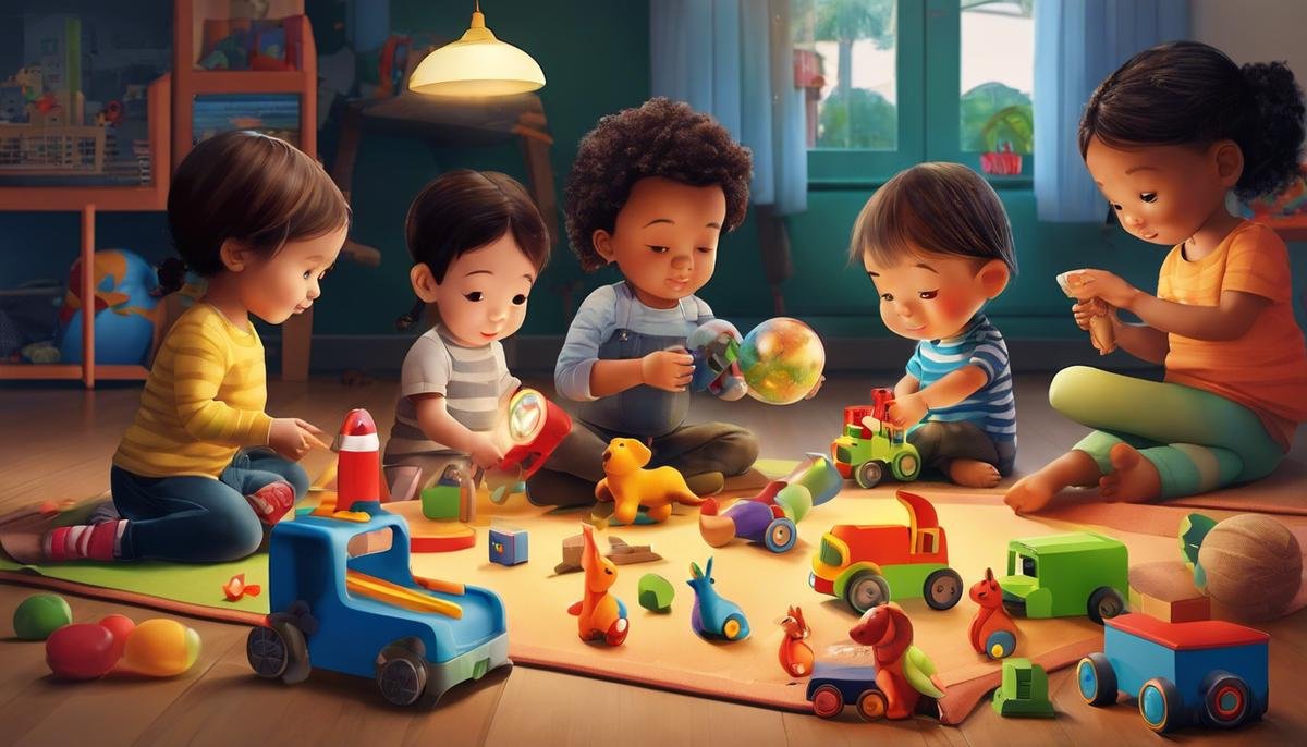 Illustration of children playing with various toys to develop their communication skills