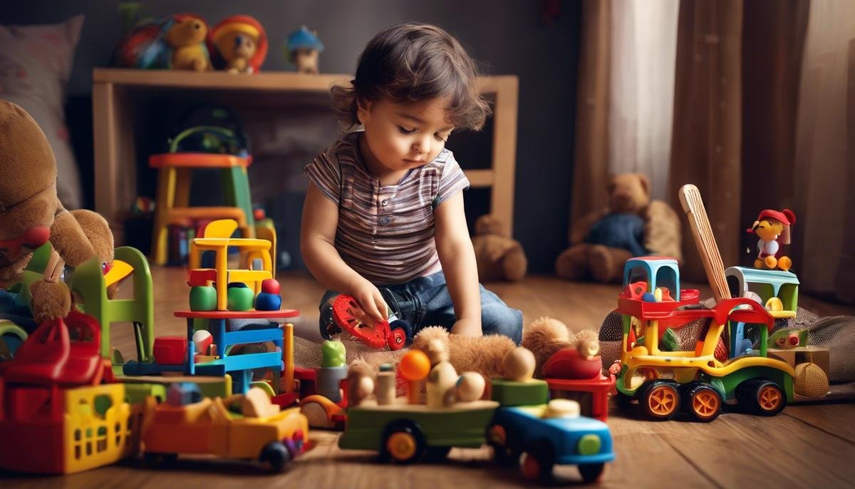 An image of a child playing happily with various toys, promoting their development and happiness.