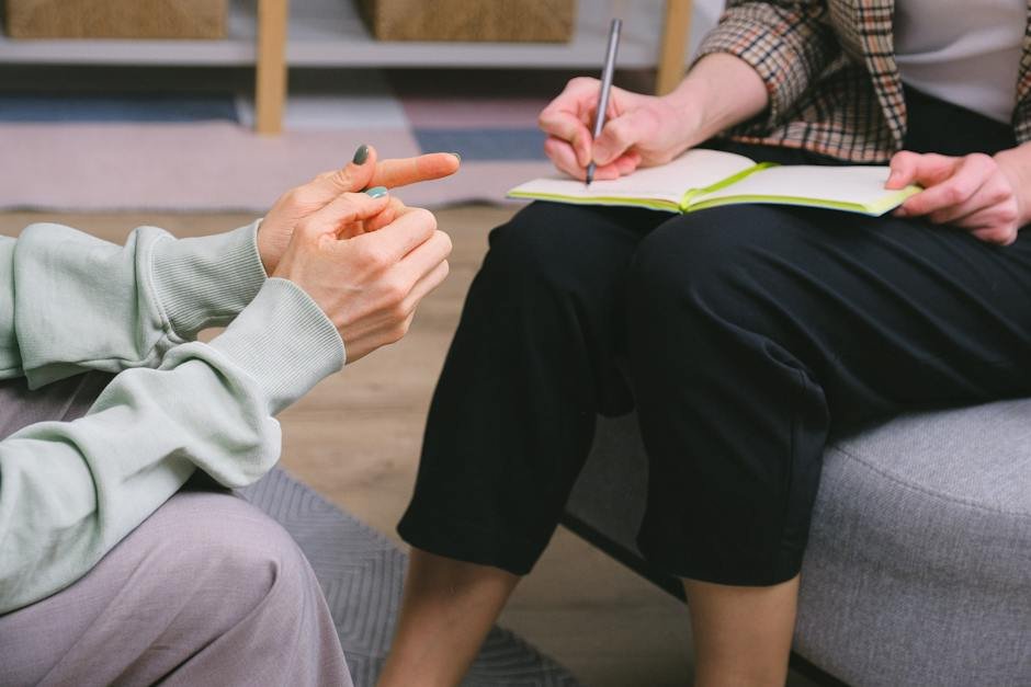 Illustration of a child sitting with a therapist, engaged in conversation in a comfortable and safe environment