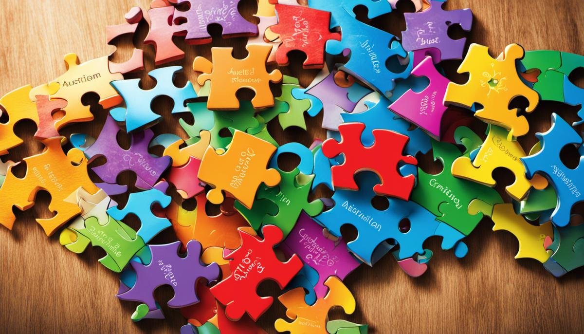 A guidebook cover with the title 'Navigating Transition Challenges: A Guide for Families with Autistic Individuals' surrounded by puzzle pieces, symbolizing the unique challenges faced by individuals with autism.