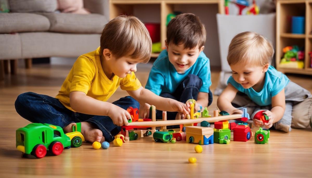 Image depicting children with autism playing with a variety of toys for sensory processing, cognitive development, and social interaction 