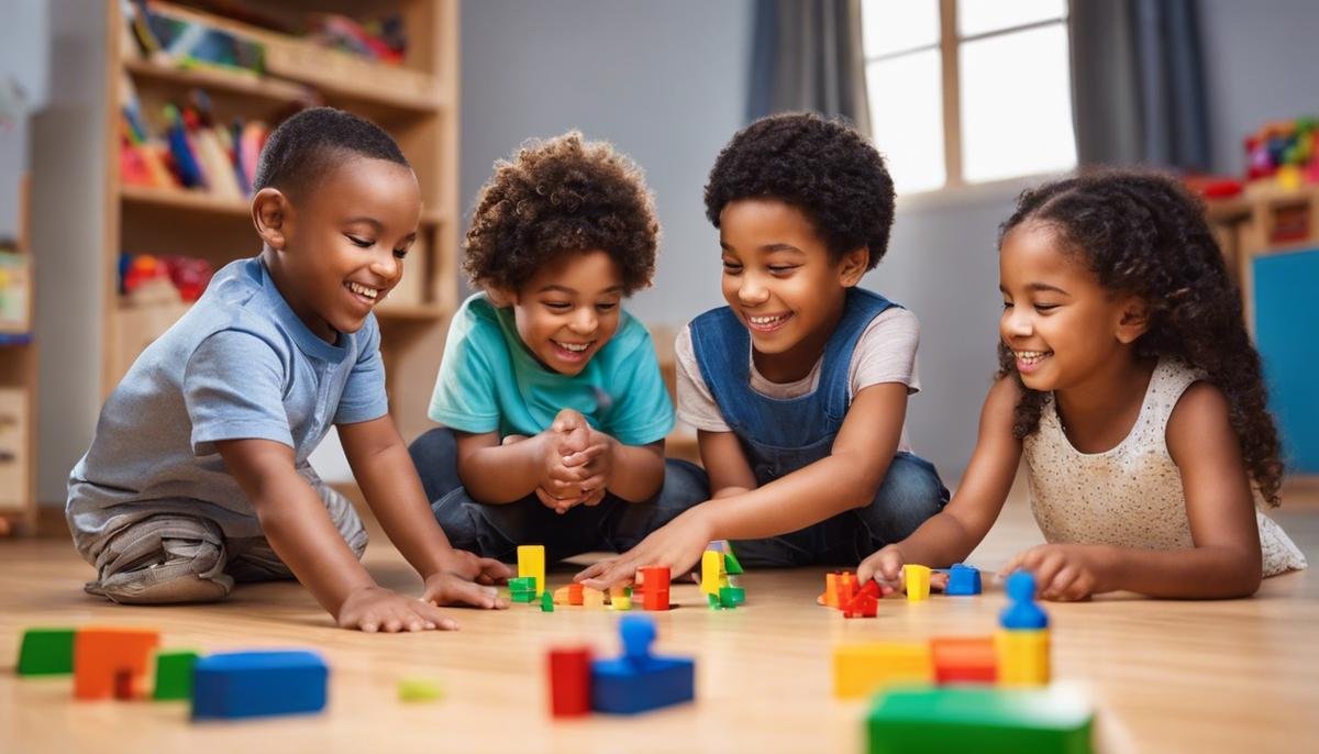 A diverse group of smiling children playing together, symbolizing the understanding and connection between children with autism and their caretakers.