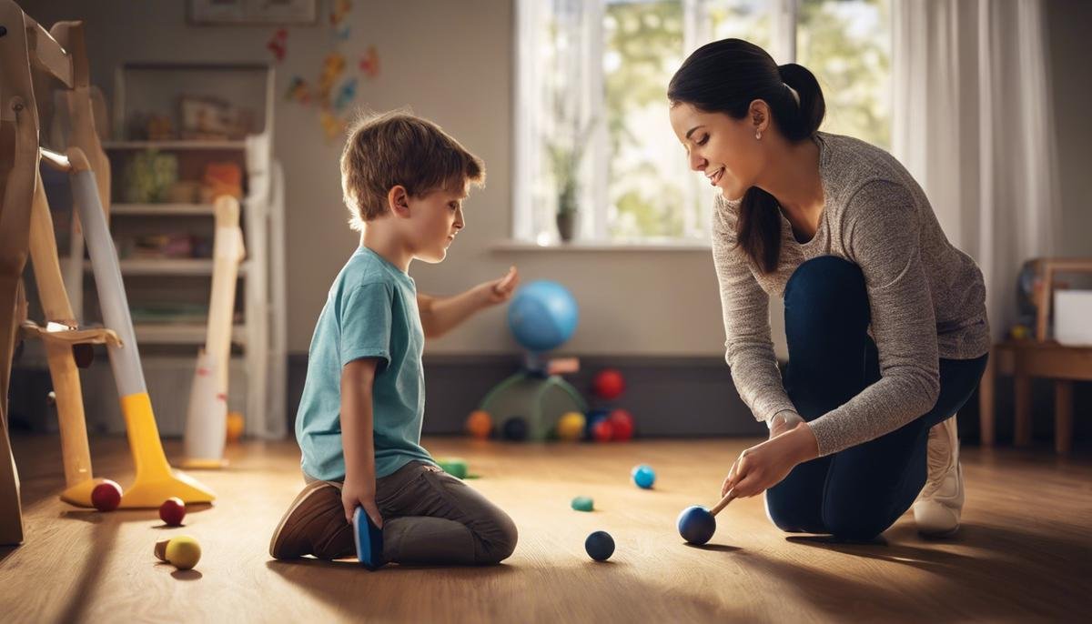 Image illustrating a child with autism engaging in a hitting behavior, with a caregiver trying to manage the behavior and provide support.