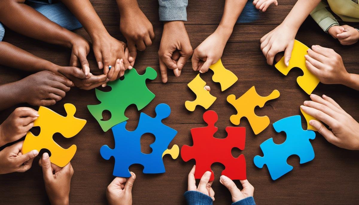 Image depicting diverse individuals embracing each other with a puzzle piece symbolizing autism, representing understanding and acceptance.