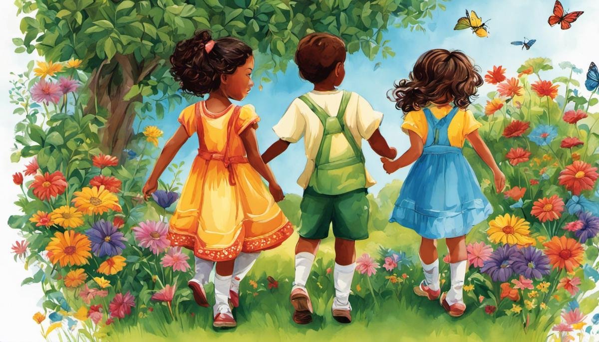 A colorful illustration showing diverse children holding hands and standing in a vibrant garden.