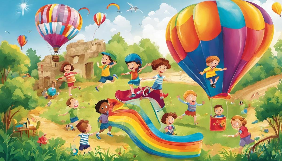 A colorful illustration of children engaged in various activities that represent different aspects of childhood development.