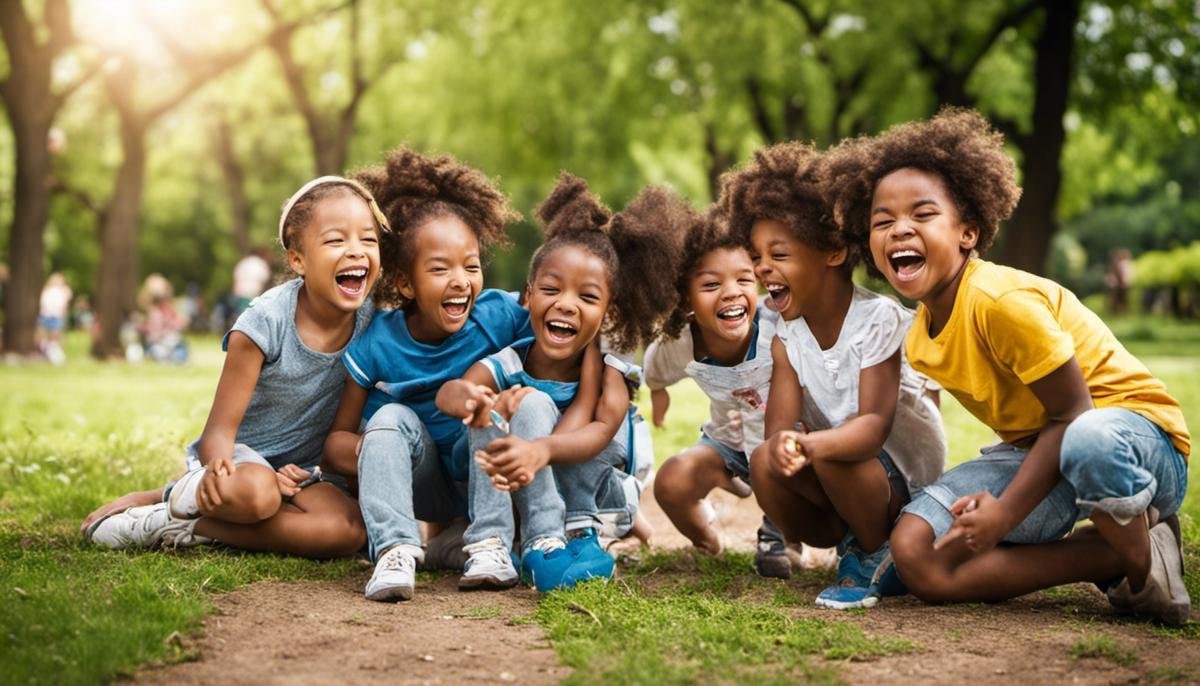 Image description: A group of diverse children playing and laughing together in a park.