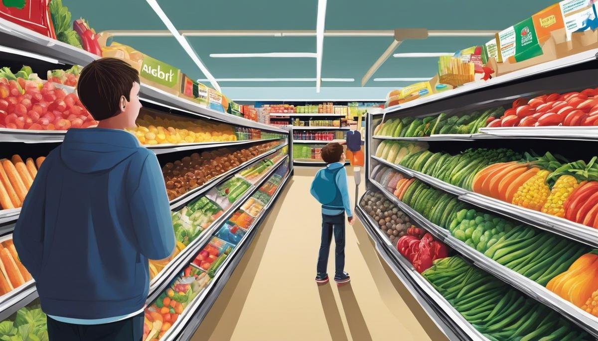 Illustration showing a person with autism in a busy supermarket, overwhelmed by bright lights and noisy surroundings.