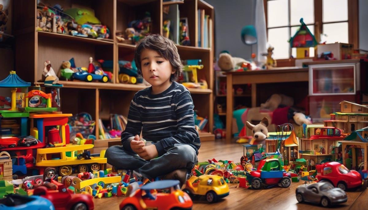 An image showing a child surrounded by toys, depicting the concept of toy hoarding in autistic children.
