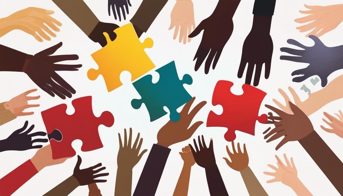 An illustration showing diverse hands holding puzzle pieces, symbolizing the need to unravel cultural bias in Autism diagnoses.