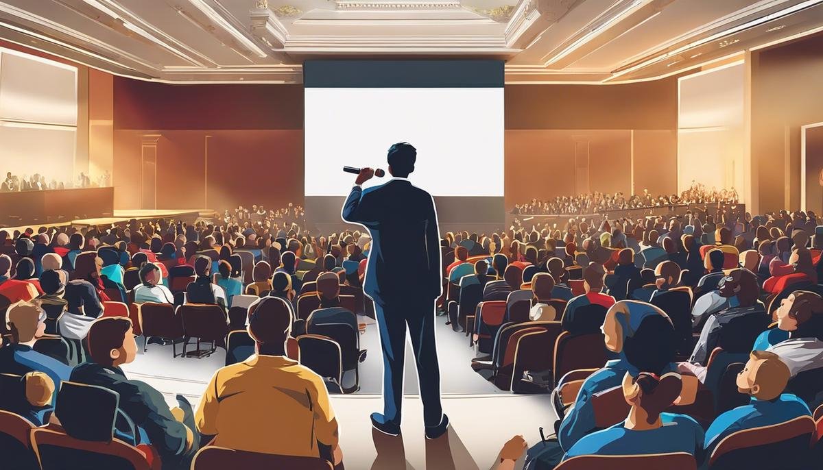 An image of a person speaking at an autism conference, surrounded by an engaged audience.