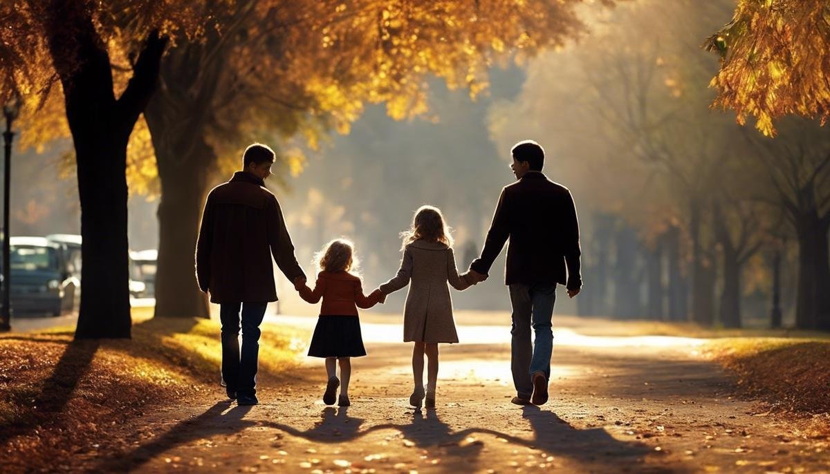 An image of a family holding hands while walking in a park.