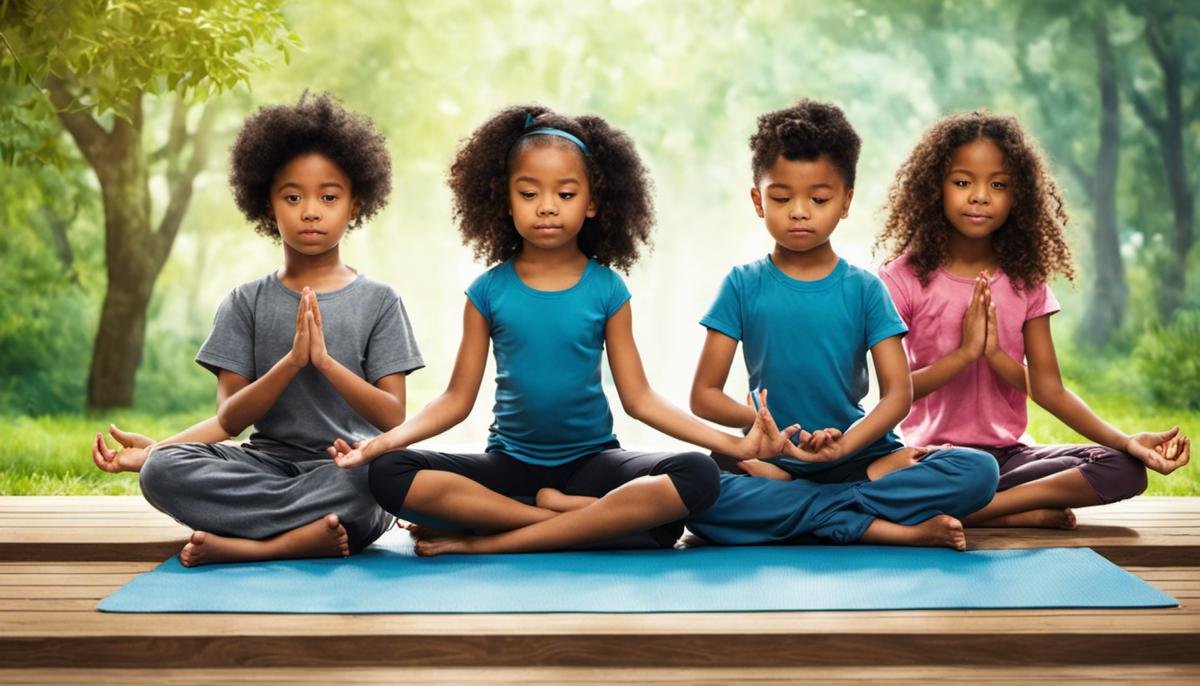 A group of children sitting cross-legged and practicing yoga poses, focusing and meditating together.