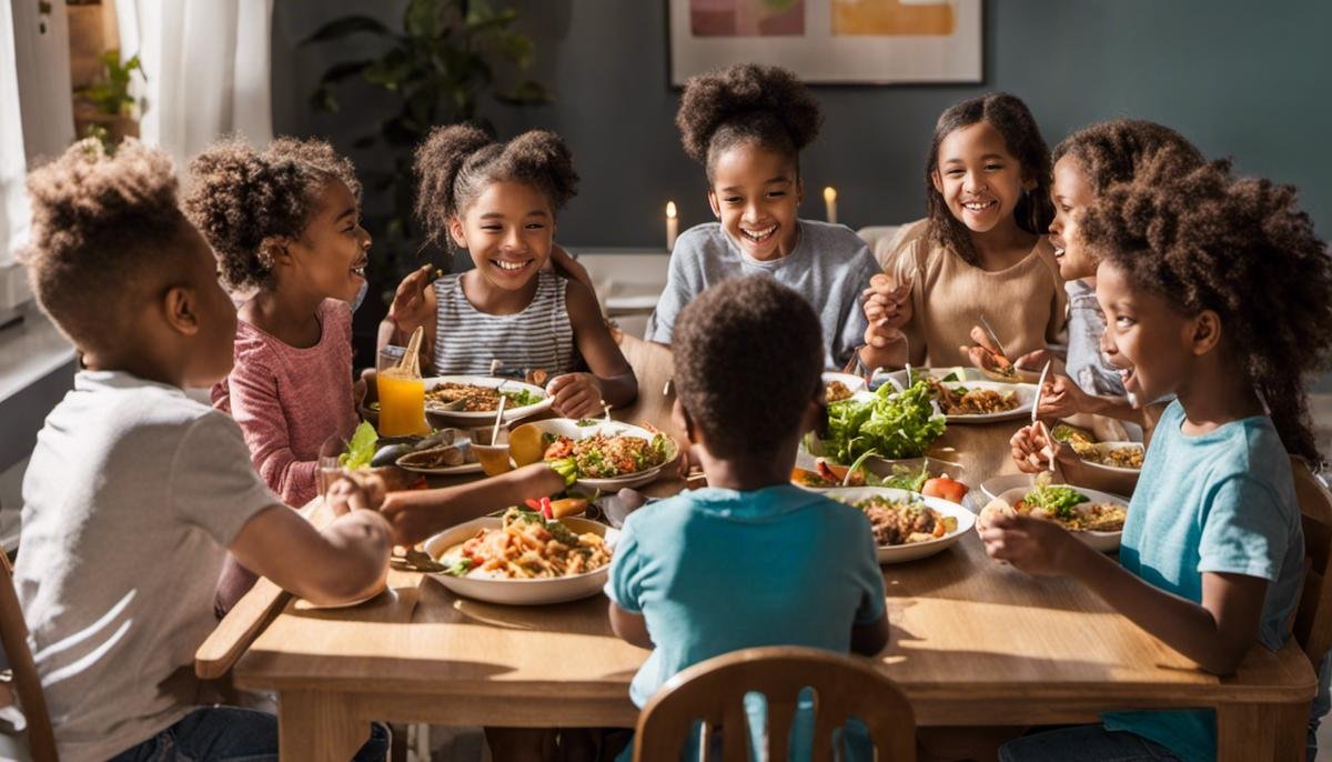 A group of diverse children eating together at a table, reflecting inclusivity and support for children with ASD