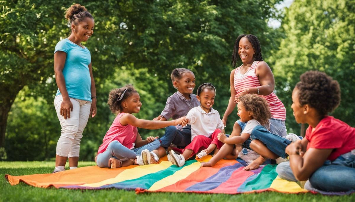 A diverse group of families enjoying various activities together, promoting a sense of togetherness and inclusivity