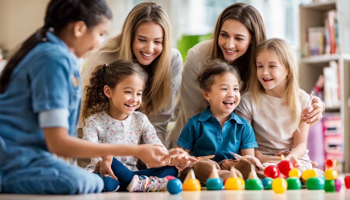 A group of children engaged in ABA therapy, smiling and interacting with their therapists.