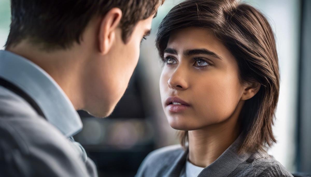 Image showing a person looking away while another person attempts to make eye contact with them, representing the difficulties individuals with autism may face in maintaining eye contact.