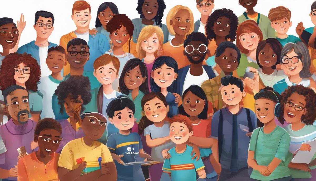 Illustration depicting a diverse group of people supporting and understanding individuals with autism
