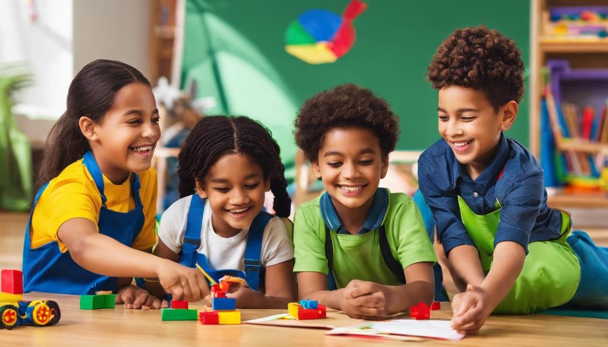 Image description: A group of diverse children with autism smiling and engaging in various activities.