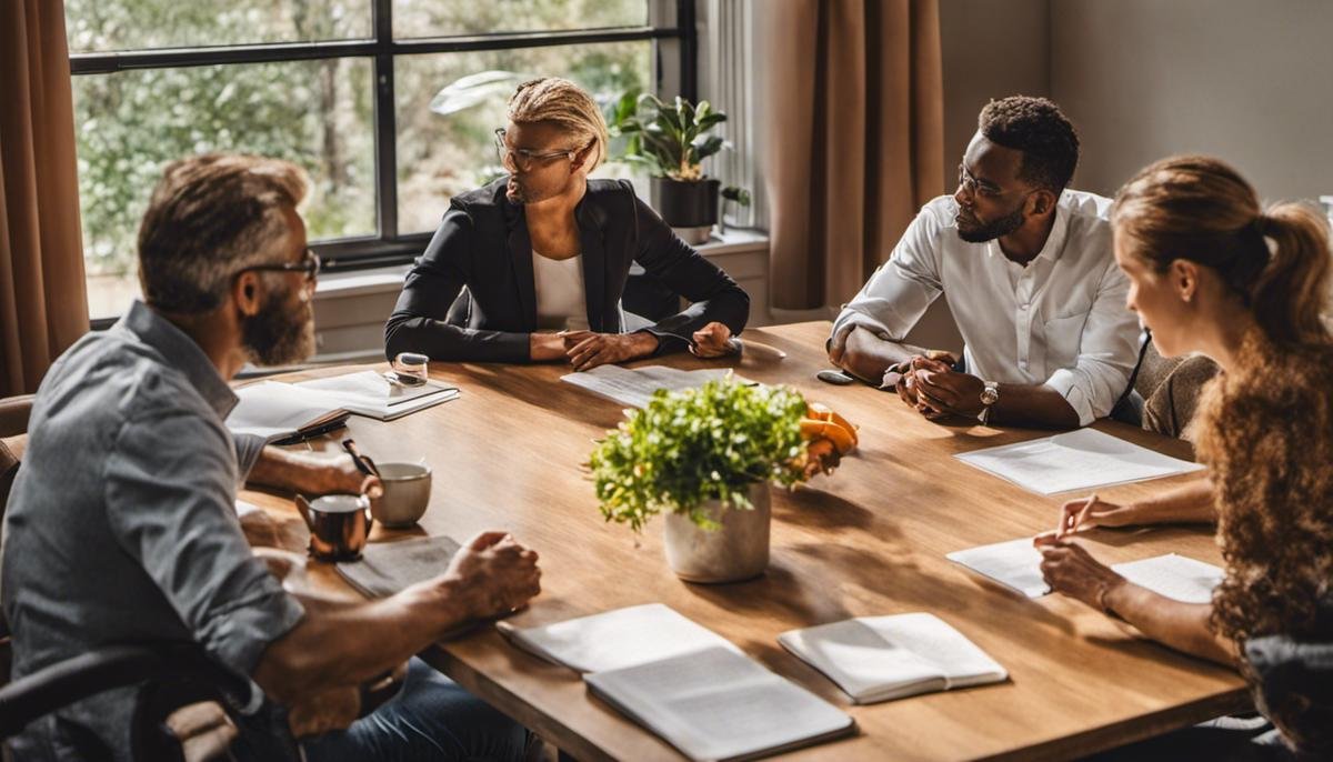 Image depicting a group of people sitting around a table, collaborating on therapy goals
