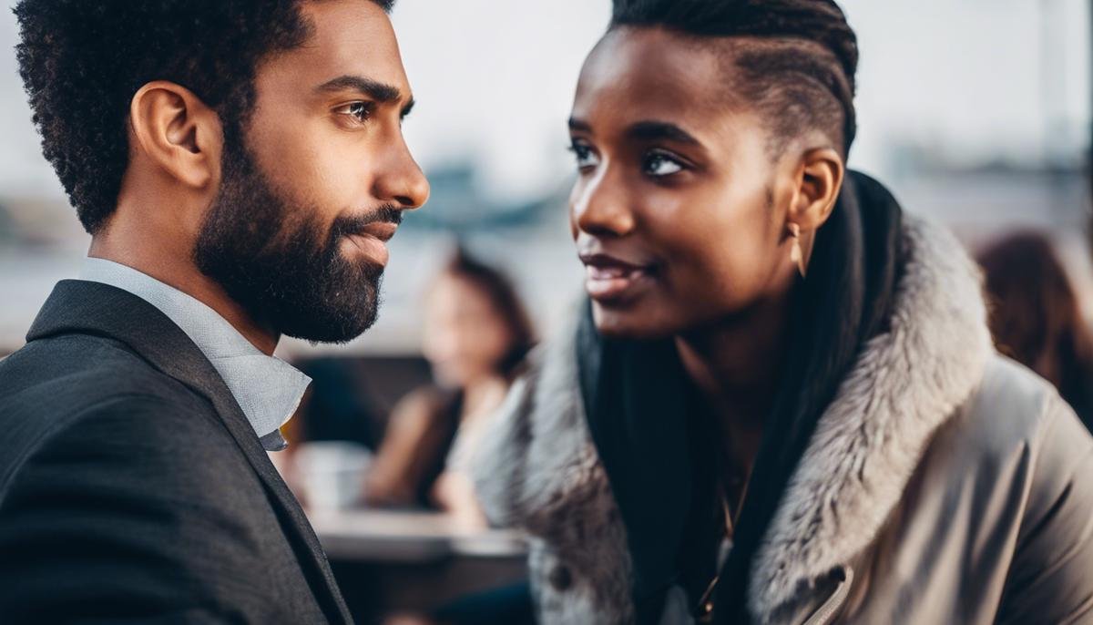 Image of a person making eye contact with another person during a conversation, showcasing the importance of eye contact in communication.